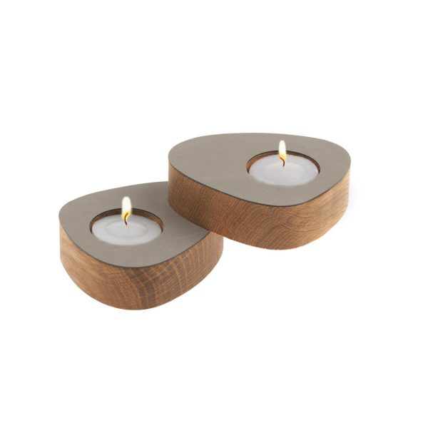 Lind DNA set of two magnetic oak tea light holders with light gray leather